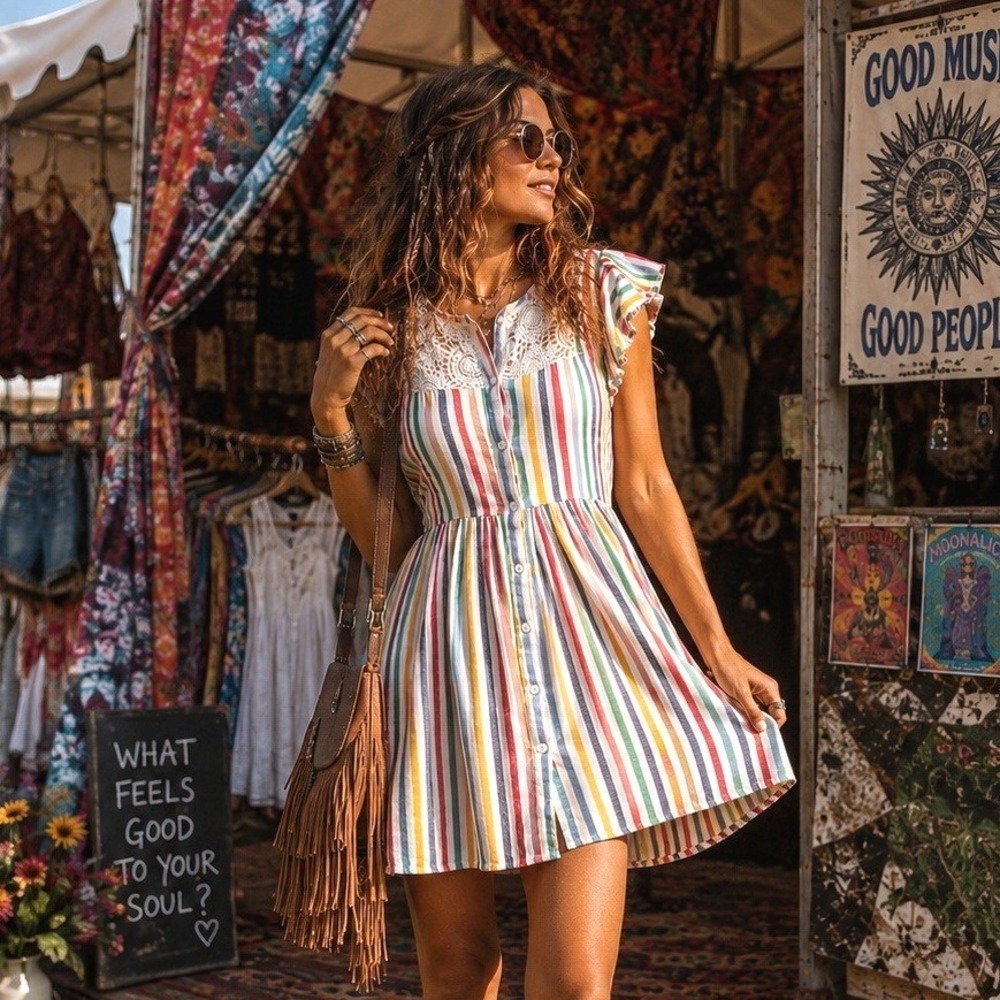 Vintage Y2K Studio West Rainbow Stripe Lace Yoke Flutter Sleeve Dress Womens M